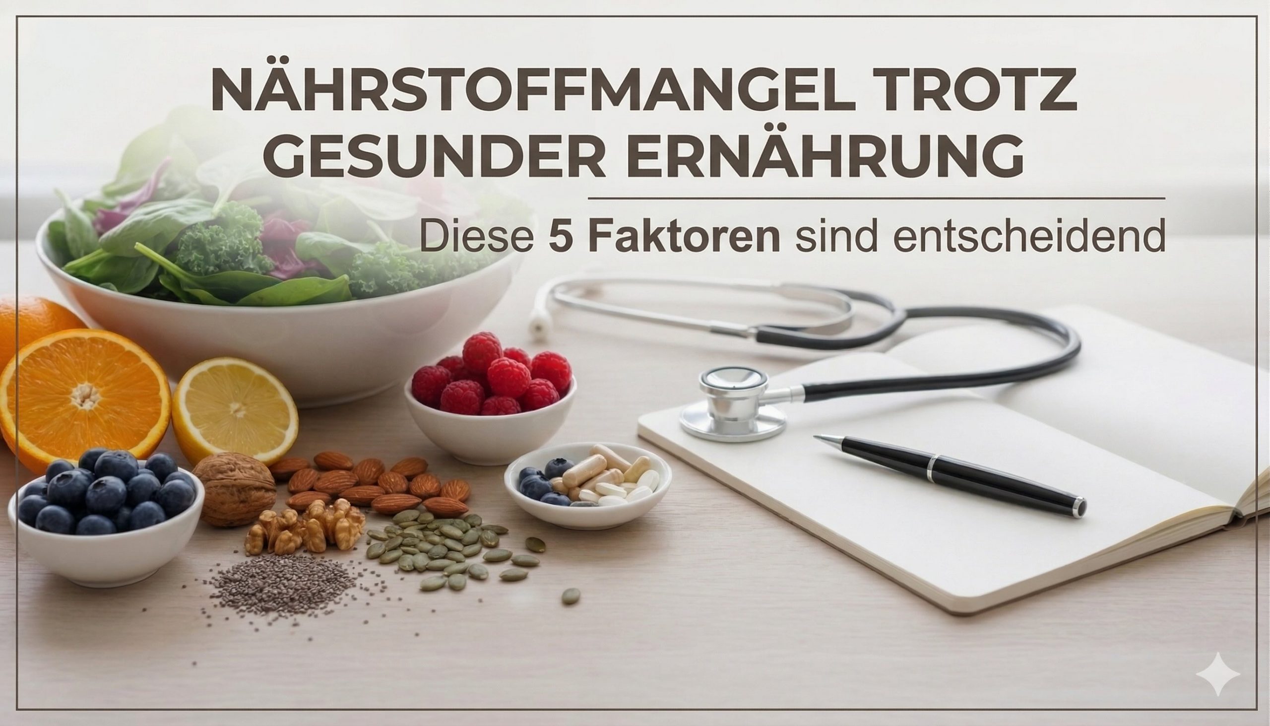 Bild mit Text "NÄHRSTOFFMANGEL TROTZ GESUNDER ERNÄHRUNG". Motiv: Salat, Obst, Nüsse, Supplements, Stethoskop und Notizbuch auf Holztisch.