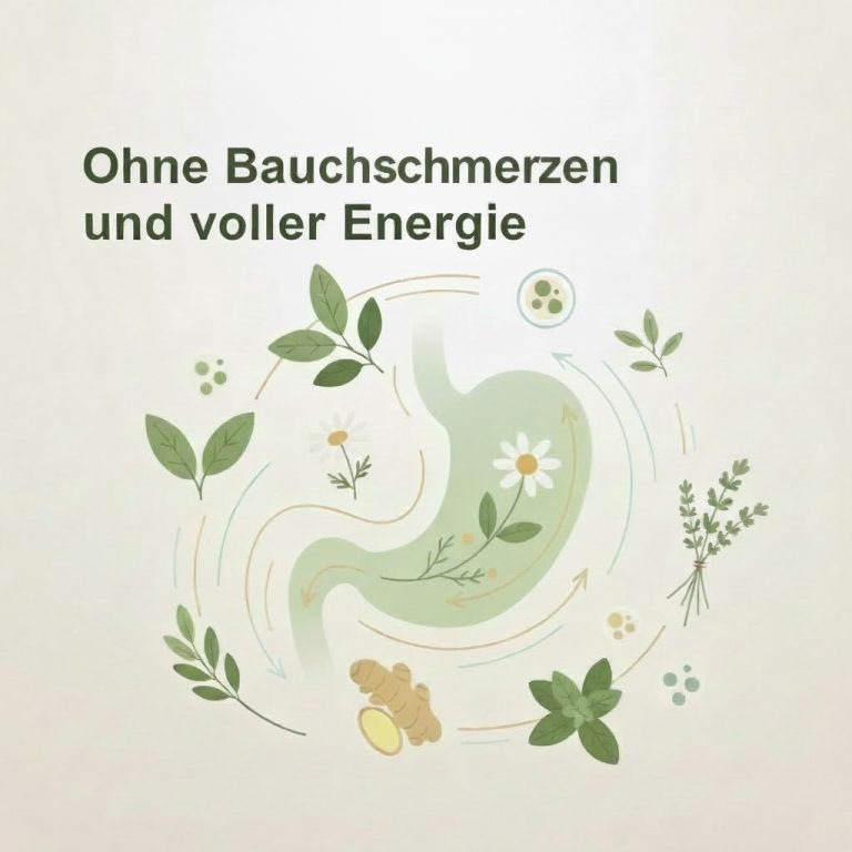 Illustration eines Verdauungssystems mit Kräutern und Pflanzen – symbolisch für natürliche Mikronährstoffstrategie, gesunde Verdauung und Energie im Alltag. Text im Bild: „Ohne Bauchschmerzen und voller Energie durch anspruchsvolle Alltagstage“.