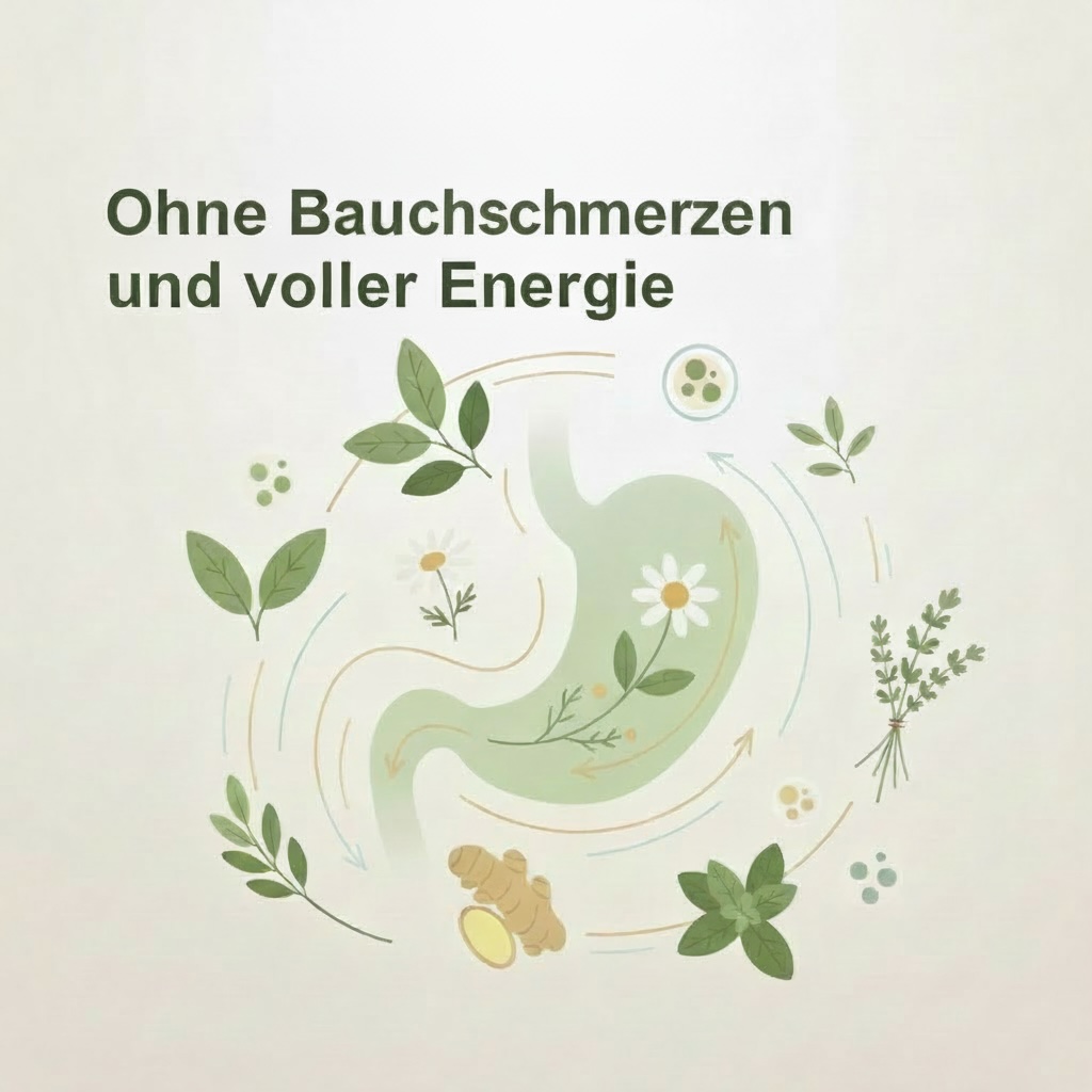 Illustration eines Verdauungssystems mit Kräutern und Pflanzen – symbolisch für natürliche Mikronährstoffstrategie, gesunde Verdauung und Energie im Alltag. Text im Bild: „Ohne Bauchschmerzen und voller Energie durch anspruchsvolle Alltagstage“.